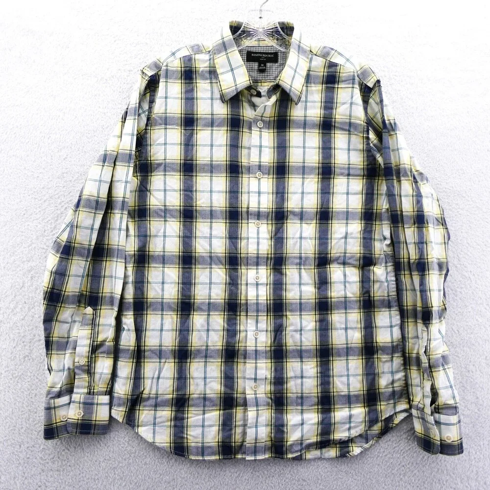 Banana Republic Button Up Shirt Mens Medium Slim Yellow Plaid Cotton Button Down